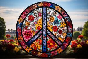 A peace sign crafted from vibrant stained glass pieces, showcasing intricate design and colorful patterns. photo