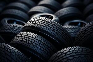 A pile of new tires scattered on the ground in a haphazard mannerd, creating a messy scene of rubber products. photo