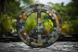 A peace sign crafted from vibrant stained glass pieces, showcasing intricate design and colorful patterns. photo
