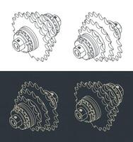 Chain sprocket transmission isometric blueprints vector