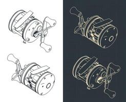 Fishing reel isometric drawings vector