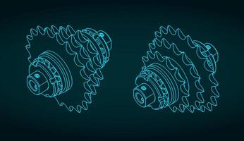 Chain sprocket transmission isometric blueprint vector