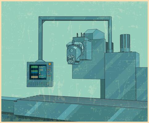 Factory line with control panel retro poster style