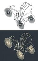 Three wheeled man-powered vehicle blueprint vector