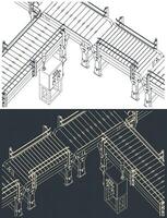 Automated factory conveyor line isometric blueprints vector