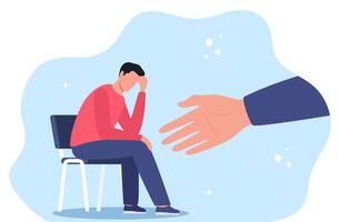 Human hand helps unhappy and sad young man in depression sitting. Mental health concept. vector