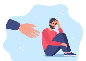 Human hand helps unhappy and sad young man in depression sitting. Mental health concept. vector