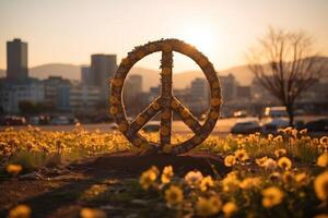 A peace sign crafted from flowers, showcasing intricate design and colorful patterns. photo