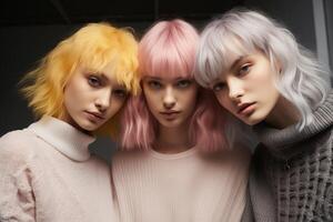 Three women with brightly colored dyed hair standing together in a group, showcasing their unique hairstyles. photo