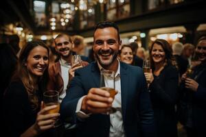 un diverso grupo de individuos en pie alrededor cada otro, participación varios bebidas en su manos. foto