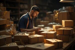 A man working diligently, sorting boxes in a busy warehouse environment. photo