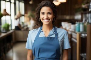 A woman wearing a blue apron stands in a kitchen, preparing food or cooking. The kitchen is equipped with appliances and utensils. photo