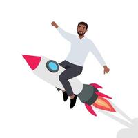 Young Businessman flying forward on a rocket. Boost your business, startup growth and progress. vector