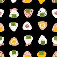 Yaki, umeboshi, sekihan, soft boiled egg onigiri rice ball seamless pattern. Perfect print for paper, textile, fabric, menu and stationery. Hand drawn illustration. vector