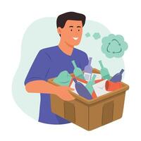 hombre que lleva basura caja para reciclar concepto ilustración vector