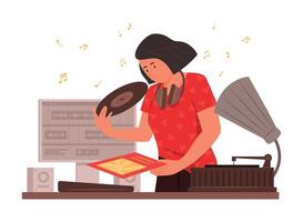 DJ mujer mezcla música con vinilo registros Dto y grabar audio sonidos concepto ilustración vector