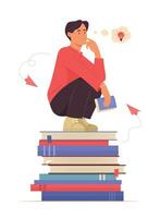 Man Sitting on Stack of Books and Thinking Creative Idea while Reading a Book Concept Illustration vector