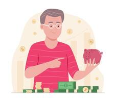 mayor hombre ahorros dinero con cerdito banco para financiero concepto ilustración vector