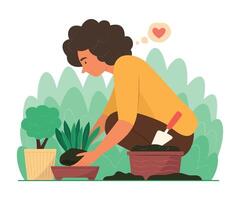 Gardener Woman Planting a Sapling of Tree with Pot in Garden vector