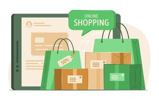 Shopping Bags and Merchandise Boxes with Tablet for Online Shopping and E-Commerce Concept Illustration vector