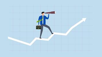 Business vision, 4k animation of manager with binoculars to see future on top of market graph with rising arrow. video