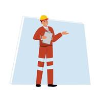 Architect in construction uniform and helmet holding a document vector