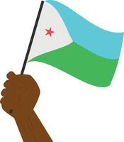 Hand holding and raising the national flag of Djibouti vector