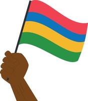 Hand holding and raising the national flag of Mauritius vector