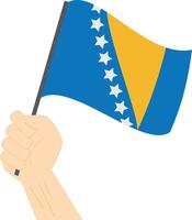 mano participación y levantamiento el nacional bandera de bosnia y herzegovina vector