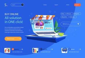Online shopping concept in flat cartoon design for homepage layout. Selecting products on website of store, placing order and paying for purchase. illustration for landing page and web banner vector