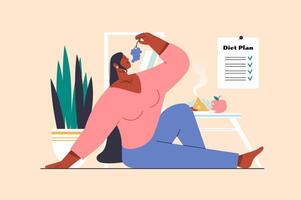 Diet concept with people scene in flat design. Woman follows dieting and controls calories, eats fresh vegetables, fruits and natural products. illustration with character situation for web vector