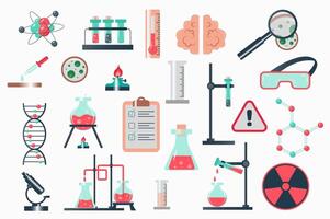 Science laboratory isolated elements set in flat design. Bundle of atom, test tubes, thermometer, magnifier, glasses, warning sign, DNA molecule, chemical reaction and other. illustration. vector