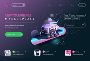 Cryptocurrency marketplace concept in flat cartoon design for homepage layout. Crypto business selling or buying bitcoins on online exchange. illustration for landing page and web banner vector