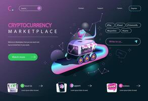 Cryptocurrency marketplace concept in flat cartoon design for homepage layout. Crypto business selling or buying bitcoins on online exchange. illustration for landing page and web banner vector