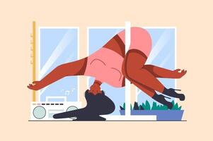 Strip dance concept with people scene in flat design. Flexible woman in high heels shoes doing pole dance, doing gymnastic exercises in studio. illustration with character situation for web vector