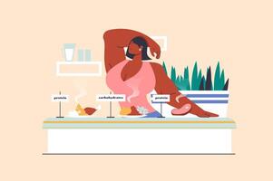 proteína y carbohidrato dieta concepto con personas escena en plano diseño. mujer haciendo fuerza formación y siguiendo dieta con nutritivo alternancia. ilustración con personaje situación para web vector