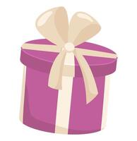 Gift box in flat design. Purple rounded present with ribbon and bow. illustration isolated. vector