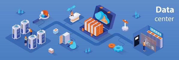 Data center concept 3d isometric infographics web banner. People control and monitor operation of data processing equipment, maintain of servers. illustration in isometry graphic design vector