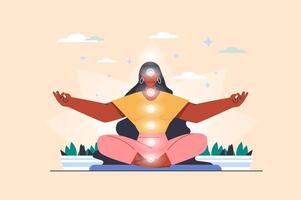 Chakras concept with people scene in flat design. Woman sits in lotus position and meditates, opens spiritual chakras and energy centers in body. illustration with character situation for web vector