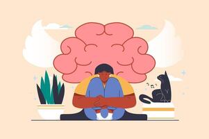 Mental health concept with people scene in flat design. Happy woman hugging and supporting herself, thinking positively and taking care of balance. illustration with character situation for web vector