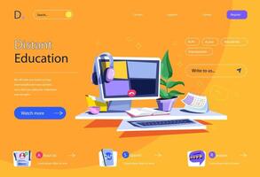 Distant education concept in flat cartoon design for homepage layout. Online education at school, lectures or remote lessons at university. illustration for landing page and web banner vector