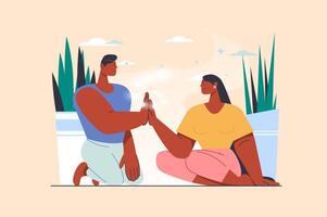 canalización concepto con personas escena en plano diseño. hombre y mujer toque con su palmas y sensación espiritual conexión y símbolos de energía. ilustración con personaje situación para web vector