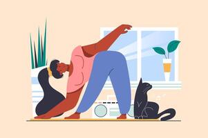 aptitud concepto con personas escena en plano diseño. mujer haciendo extensión ejercicios y formación a hogar, haciendo yoga asanas y deporte ejercicio. ilustración con personaje situación para web vector