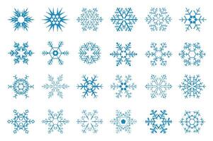 Snowflakes isolated graphic elements set in flat design. Bundle of blue snowflakes in different shapes, frozen geometric ornament symbols for New year and Christmas winter decor. illustration. vector