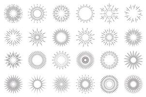 Sunburst isolated graphic elements set in flat design. Bundle of abstract round contour of sun or line firework explosions shapes, geometric light flash symbols for decoration. illustration. vector