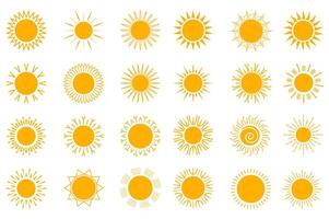 Sun isolated graphic elements set in flat design. Bundle of orange suns with sunlight in different shapes, summer geometric sunny symbols for seasonal decor or weather forecast. illustration. vector