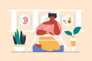 Plan nutrition concept with people scene in flat design. Woman cooking and eating different healthy meals at weight loss marathon, planning diet. illustration with character situation for web vector
