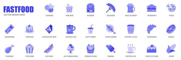 Fast food concept of web icons set in simple flat design. Pack of cookies, wok box, burger, sausage, sandwich, pizza, shawarma, pancake, chocolate bar and other. blue pictograms for mobile app vector