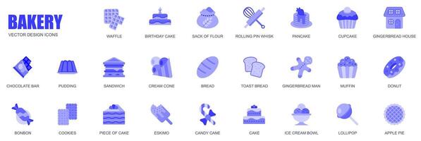 Bakery concept of web icons set in simple flat design. Pack of waffle, birthday cake, rolling pin, whisk, pancake, cupcake, gingerbread, chocolate and other. blue pictograms for mobile app vector