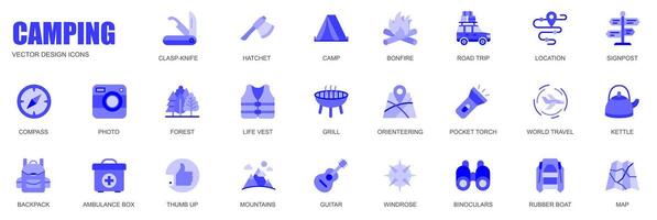 Camping concept of web icons set in simple flat design. Pack of knife, hatchet, camp, bonfire, road trip, location, signpost, compass, map, life vest and other. blue pictograms for mobile app vector